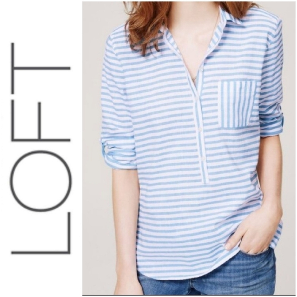LOFT Softened Linen Shirt Blue Stripe Popover